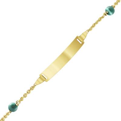 375/1000 Yellow Gold & Malachite Rectangular Baby ID Bracelet, Length 12 cm to 14 cm or 14 cm to 16 cm - Bambins