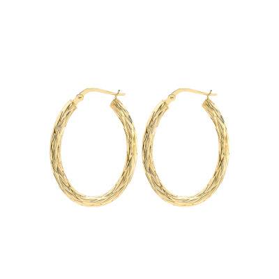 375/1000 Yellow Gold Oval Rope Hoop Earrings - Emanessence