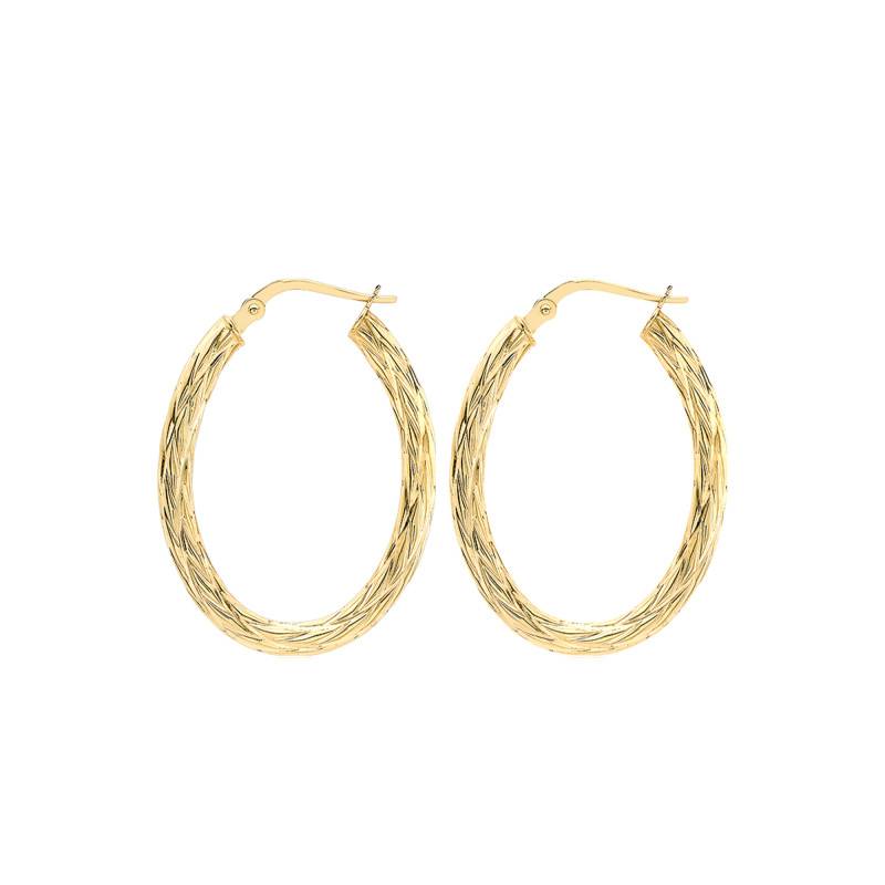 375/1000 Yellow Gold Oval Rope Hoop Earrings - Emanessence