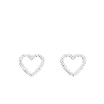 Sterling Silver Open-Work Textured Heart Stud Earrings - Emanessence