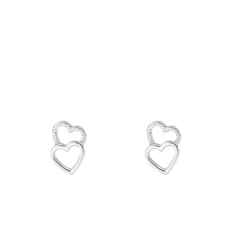 Silver Double Cutout Heart Stud Earrings - Emanessence