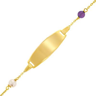 Gourmette Or Jaune 375 & perles violettes, Longueur 14 cm réglable - Rosatella