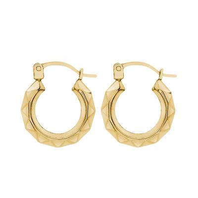 375/1000 Yellow Gold Oval Faceted Hoop Earrings, 12 mm Diameter - Emanessence