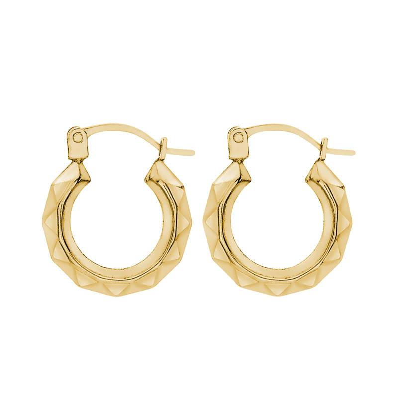 375/1000 Yellow Gold Oval Faceted Hoop Earrings, 12 mm Diameter - Emanessence