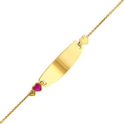 Gourmette Rectangulaire Trois Coeurs en Or Jaune 375 - Longueur 14 cm Ajustable - Bambins