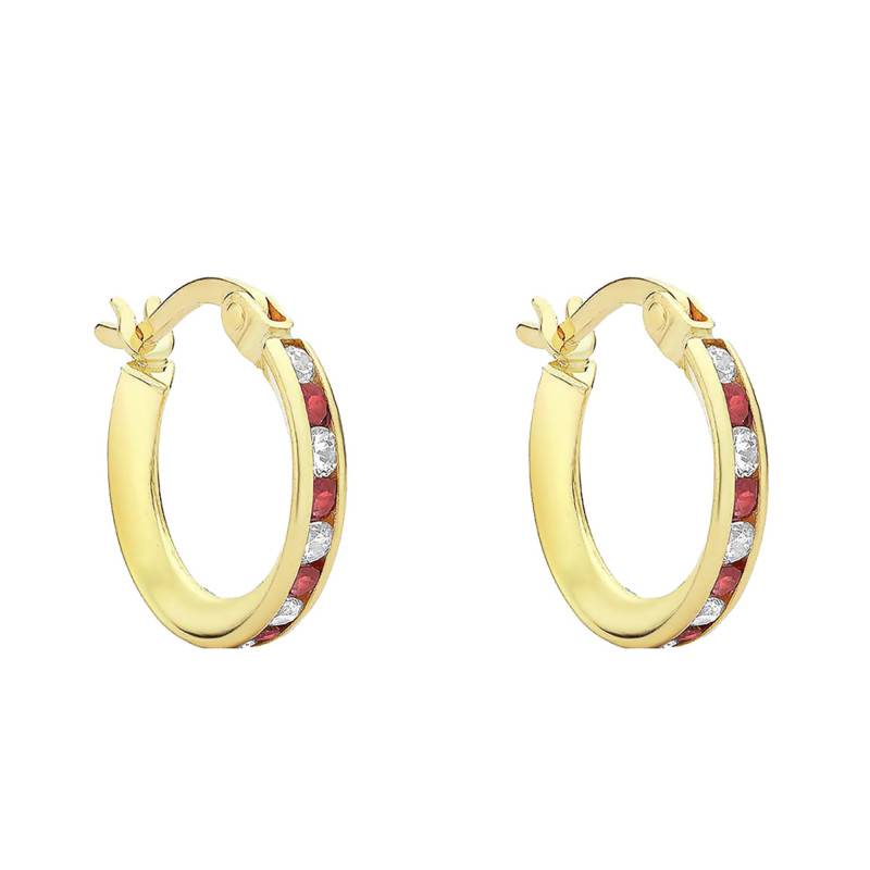 Yellow 375 Gold Red and White Zirconium Oxide Hoop Earrings, 14 mm Diameter - Emanessence