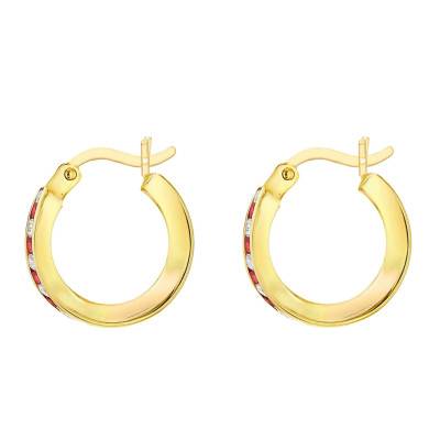 Yellow 375 Gold Red and White Zirconium Oxide Hoop Earrings, 14 mm Diameter - Emanessence