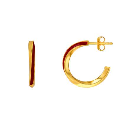 Boucles d'Oreilles Créoles Tourbillonnantes en Argent Doré & Émail Rouge, Diamètre 14 mm - Emanessence