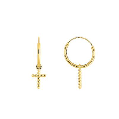 Boucles d'Oreilles Créoles Croix Pointillées en Or Jaune 375, Diamètre 1 cm - Emanessence