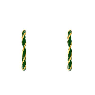 Gold-Plated Silver & Green Enamel Twisted Hoop Earrings, 27 mm Diameter - Emanessence