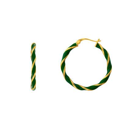 Gold-Plated Silver & Green Enamel Twisted Hoop Earrings, 27 mm Diameter - Emanessence