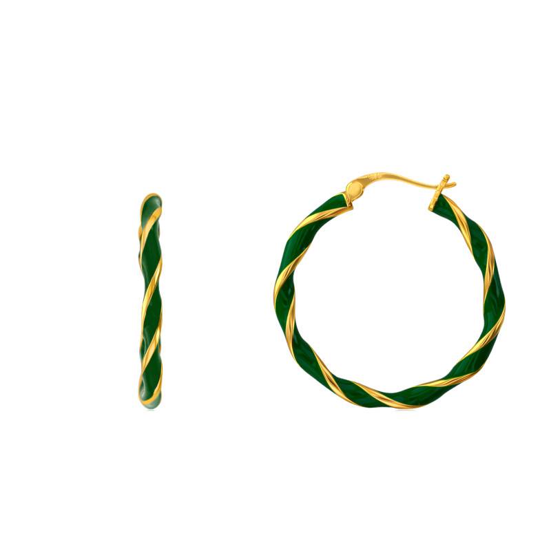 Gold-Plated Silver & Green Enamel Twisted Hoop Earrings, 27 mm Diameter - Emanessence