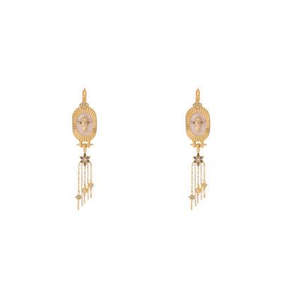 Boucles d'oreilles Altor Tête de Buffle Dorées, Émail Blanc & Strass - Hipanema