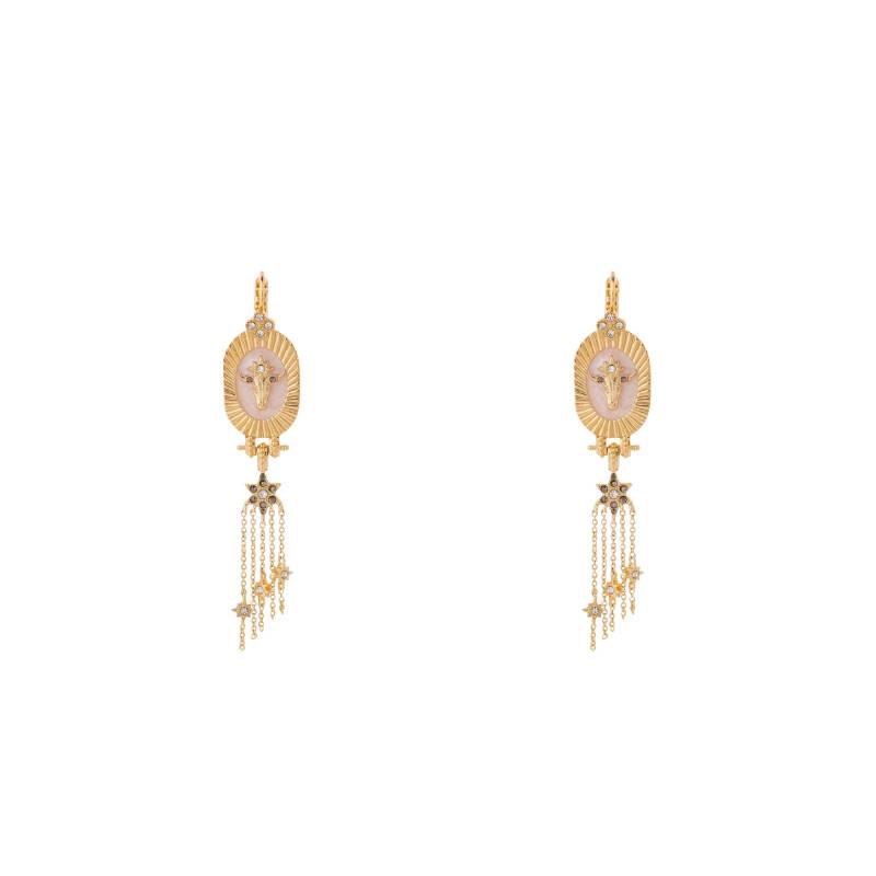 Altor White Enamel & Rhinestone Gilded Buffalo Head Drop Earrings - Hipanema