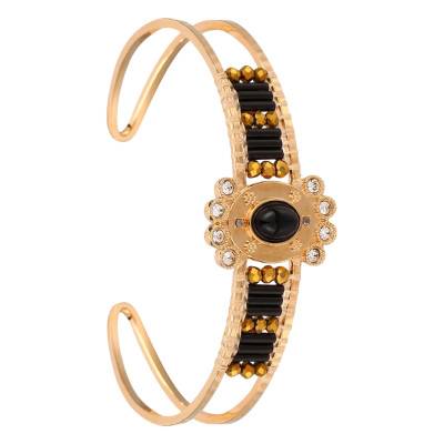 Brillant Gold & Black Pearl Bangle Bracelet with Rhinestones, Adjustable Length - Hipanema