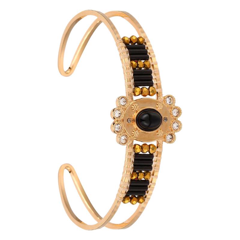 Brillant Gold & Black Pearl Bangle Bracelet with Rhinestones, Adjustable Length - Hipanema