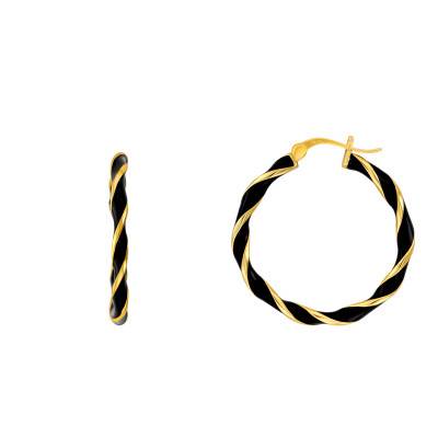 Black Enamel Gold-Plated Silver Twisted Hoop Earrings 27 mm - Emanessence