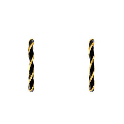 Black Enamel Gold-Plated Silver Twisted Hoop Earrings 27 mm - Emanessence