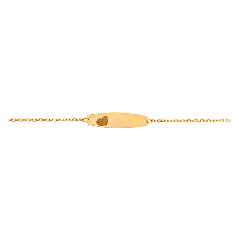Yellow 375/1000 Gold Curb Chain Bracelet Engraved Heart, Length 12 cm to 14 cm, Width 1 mm - Bambins