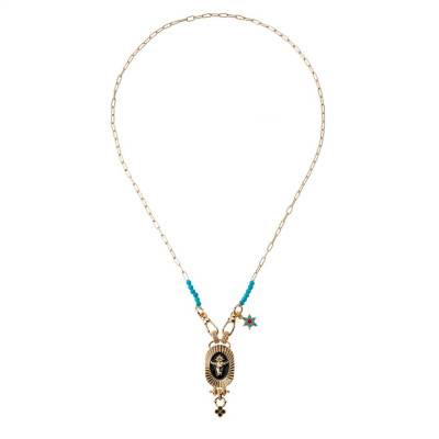 Collier Tauri Tête de Buffle Doré, Émail Noir, Perles & Strass, Longueur 47 cm - Hipanema