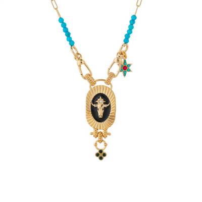 Collier Tauri Tête de Buffle Doré & Perles, Émail Noir et Strass, Longueur 47 cm - Hipanema
