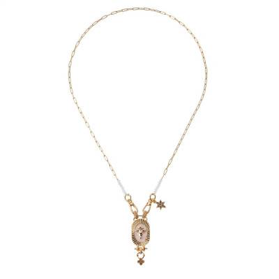 Collier Tauri Tête de Buffle Doré, Émail, Perles & Strass Blancs, Longueur 47 cm - Hipanema