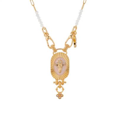 Tauri Gold Buffalo Head Necklace & Pearls, Black Enamel and White Rhinestones, Length 47 cm - Hipanema