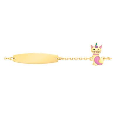 Bracelet chat licorne et sa plaque ovale, Or Jaune 375, Longueur 12 cm à 14 cm - Bambins