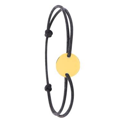 Black Cord Round Medallion Bracelet in Yellow Gold 375 or 750, Diameter 12 mm - Bambins
