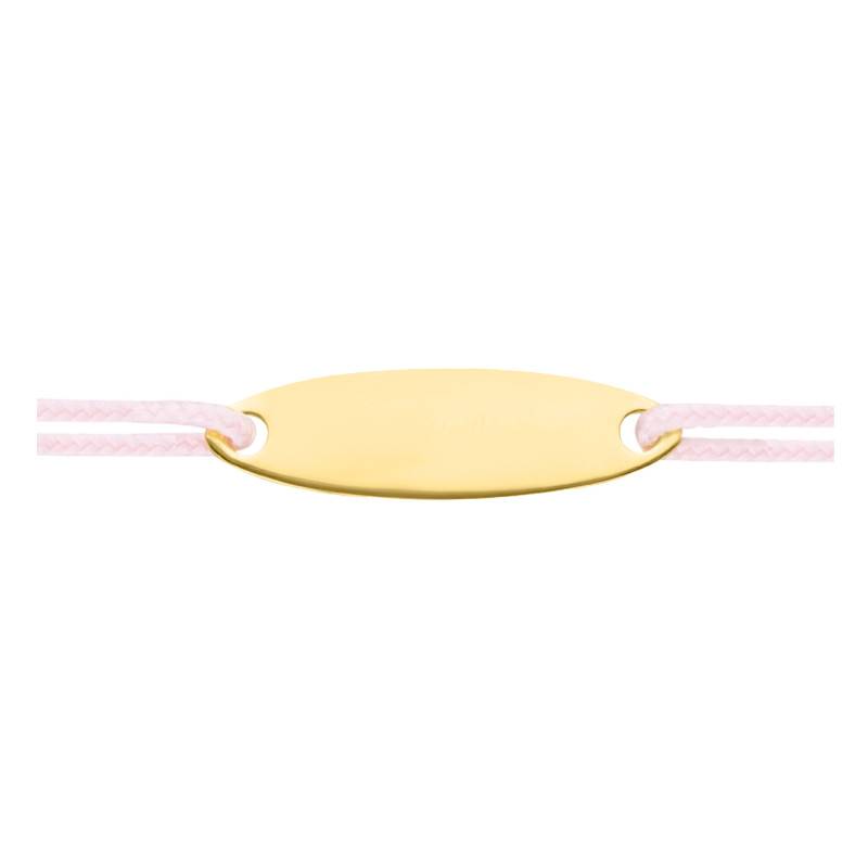 9K Yellow Gold 375/1000 Pink Cord Bracelet with Oval Plate, Length 10.5 cm, Width 1 mm - Bambins