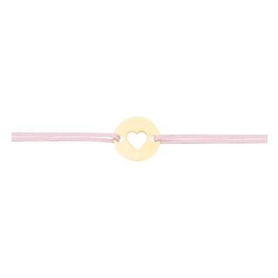 Bracelet Cordon Rose & Médaillon Coeur Ajouré, Or Jaune 375, Longueur 10,5 cm ajustable, Largeur 1,00 mm - Bambins