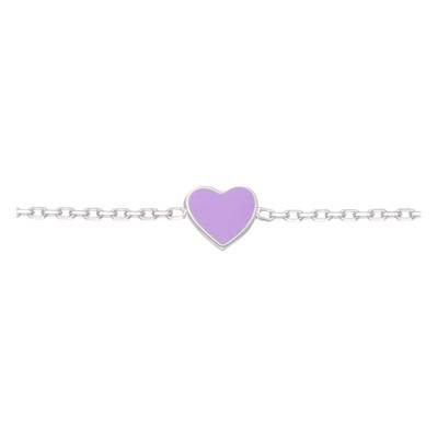 925 Silver Cable Chain Bracelet with Lacquered Purple Hearts, Length 14 cm to 17 cm, Width 0.60 mm - Bambins