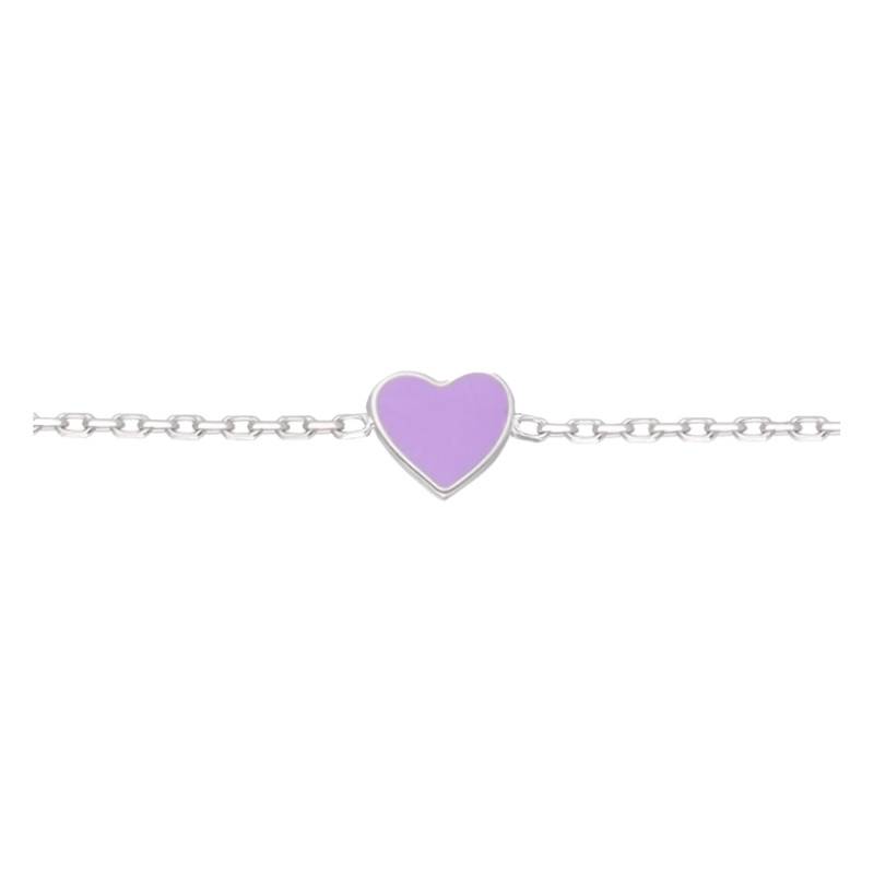 925 Silver Cable Chain Bracelet with Lacquered Purple Hearts, Length 14 cm to 17 cm, Width 0.60 mm - Bambins