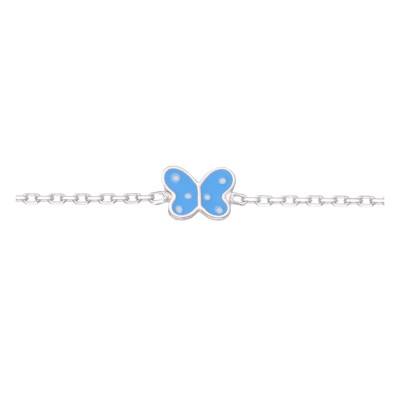 925 Silver Cable Chain & Blue Lacquered Butterfly Bracelet, Length 14 cm to 17 cm, Width 1 mm - Bambins