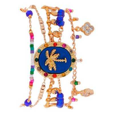 Manchette Dawn Multi-liens Dorée, Perles & Strass Multicolores, Longueurs 16 cm à 18 cm - Hipanema