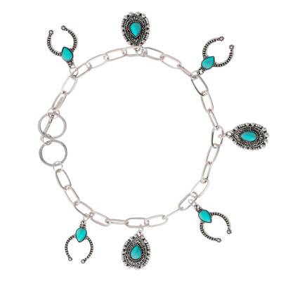 Bracelet Amulett Argenté & Perles Turquoise, Longueur 24 cm Ajustable - Hipanema