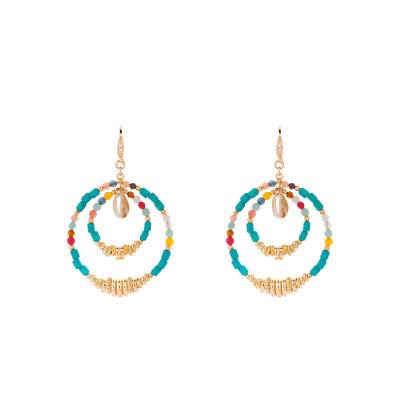 Boucles d'oreilles Karamba Dorées , Perles Turquoises & Coquillages - Hipanema