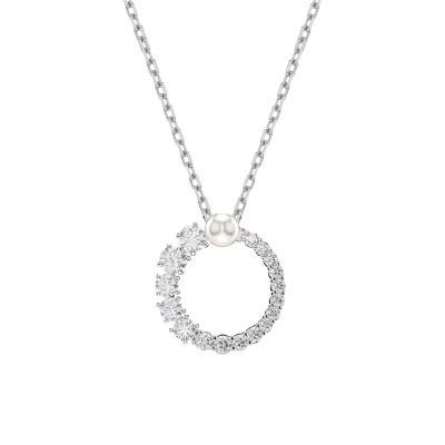 Rhodium-Plated Metal & White Crystals and Pearl Round Matrix Necklace, Length 38 cm to 45 cm - 5688751 - Swarovski