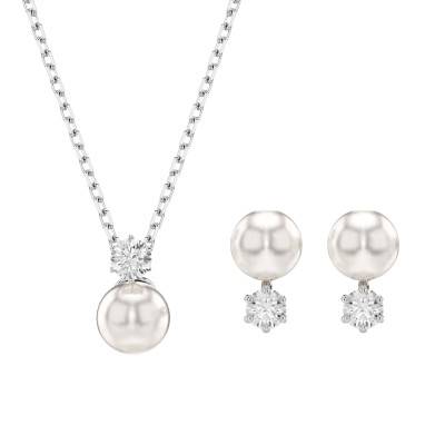 Rhodium-Plated Metal & White Crystals and Pearls Matrix Jewelry Set, Length 38 cm to 45 cm - 5689624 - Swarovski