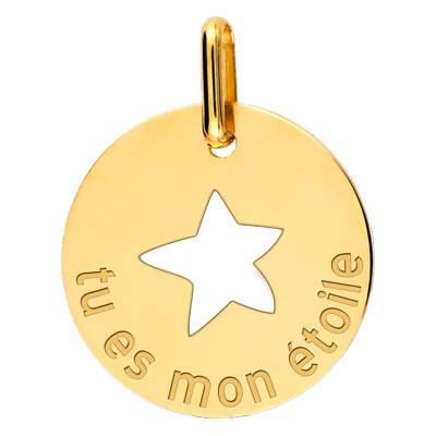 750/1000 Yellow Gold Open-Work Pendant "Tu Es Mon Etoile", 13 mm Diameter - Lucas Lucor