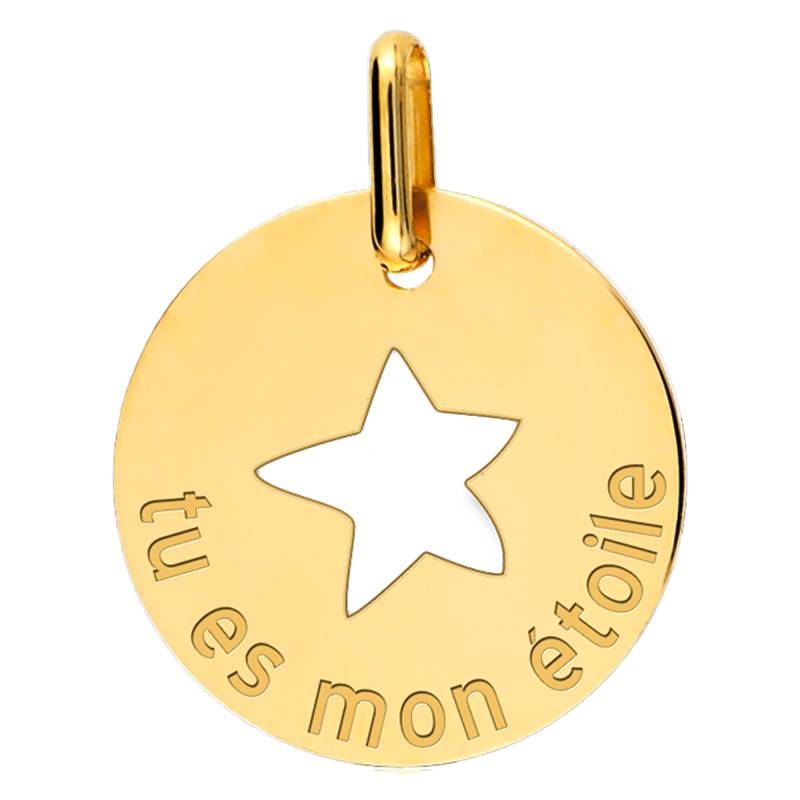 750/1000 Yellow Gold Open-Work Pendant "Tu Es Mon Etoile", 13 mm Diameter - Lucas Lucor