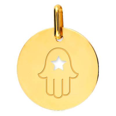 Hand of Fatima and Openwork Star 750 Yellow Gold Medal, 15 mm Diameter - Lucas Lucor