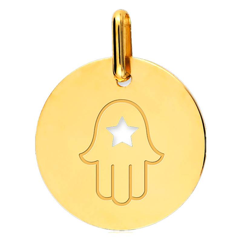 Hand of Fatima and Openwork Star 750 Yellow Gold Medal, 15 mm Diameter - Lucas Lucor