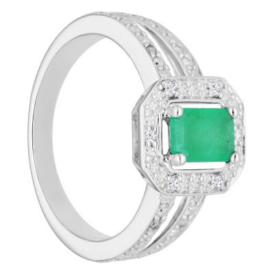 750/1000 White Gold Emerald 0.63 ct & Diamond Halo 0.046 ct Solitaire Ring with Side Stones - Aurora