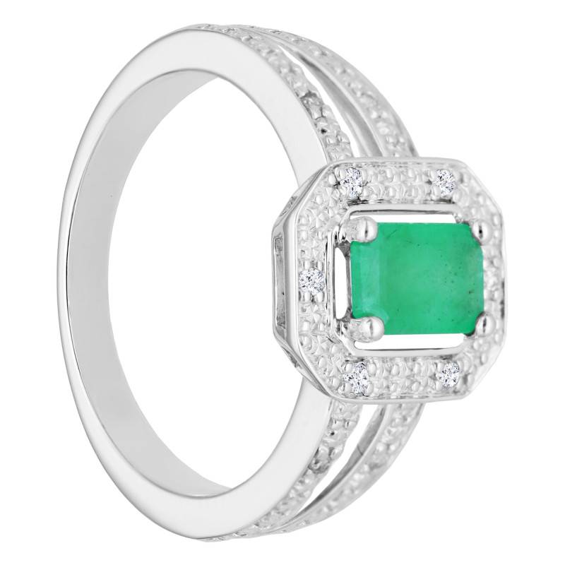 750/1000 White Gold Emerald 0.63 ct & Diamond Halo 0.046 ct Solitaire Ring with Side Stones - Aurora