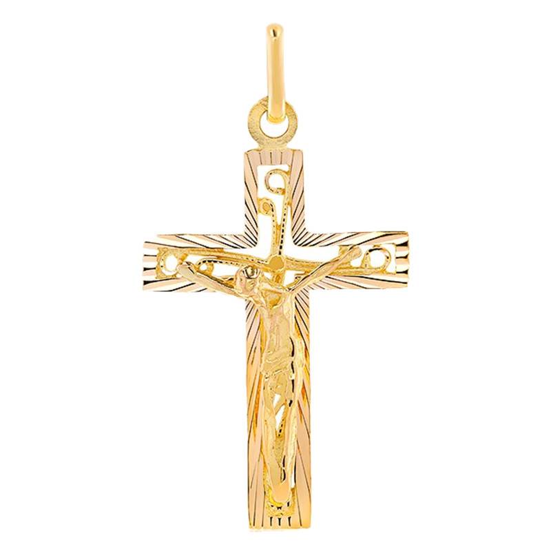 750/1000 Yellow Gold Openwork Sunray Crucifix Pendant - Lucas Lucor