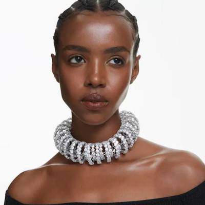 Collier Ras de Cou Constella Métal Rhodié, Ruban Noir & Cristaux Blancs, Longueur 33 à 47 cm - 5694793 - Swarovski