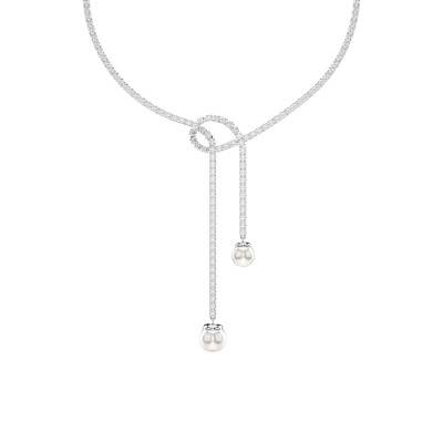 Rhodium-Plated Metal Matrix Y-Necklace with White Crystals and Beads, Length 36 cm to 43 cm - 5692416 - Swarovski