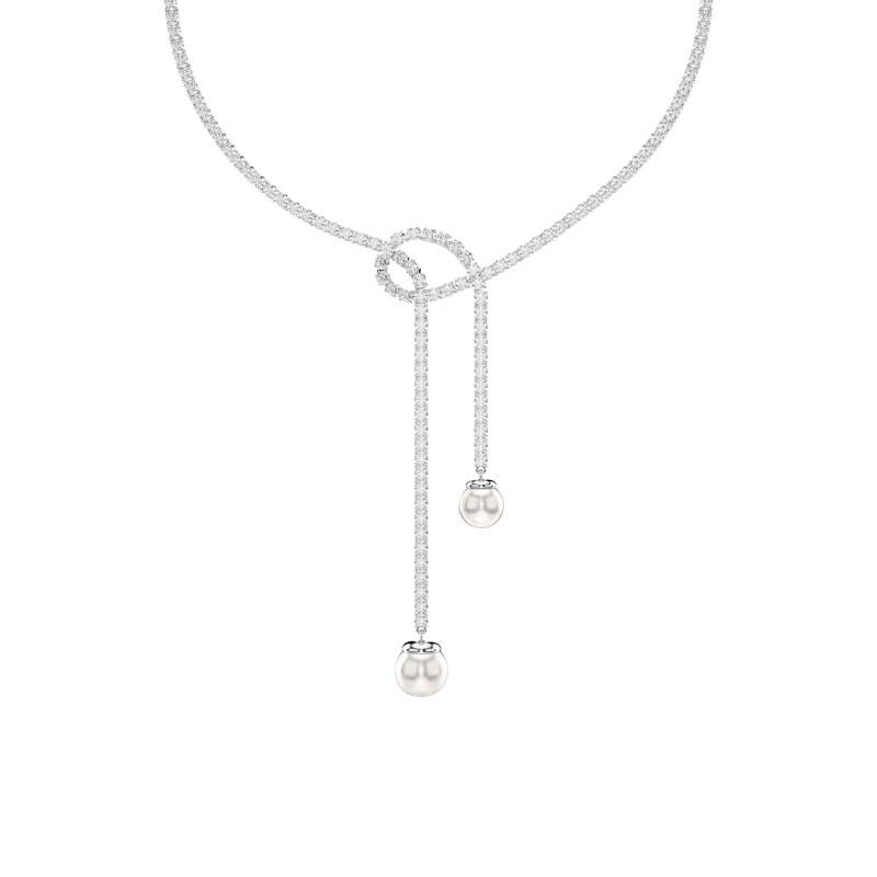 Rhodium-Plated Metal Matrix Y-Necklace with White Crystals and Beads, Length 36 cm to 43 cm - 5692416 - Swarovski