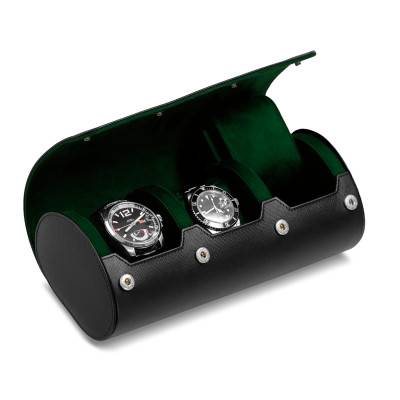 Black Leather 3-Watch Roll with Blue, Green, or Orange Lining - Bouveret